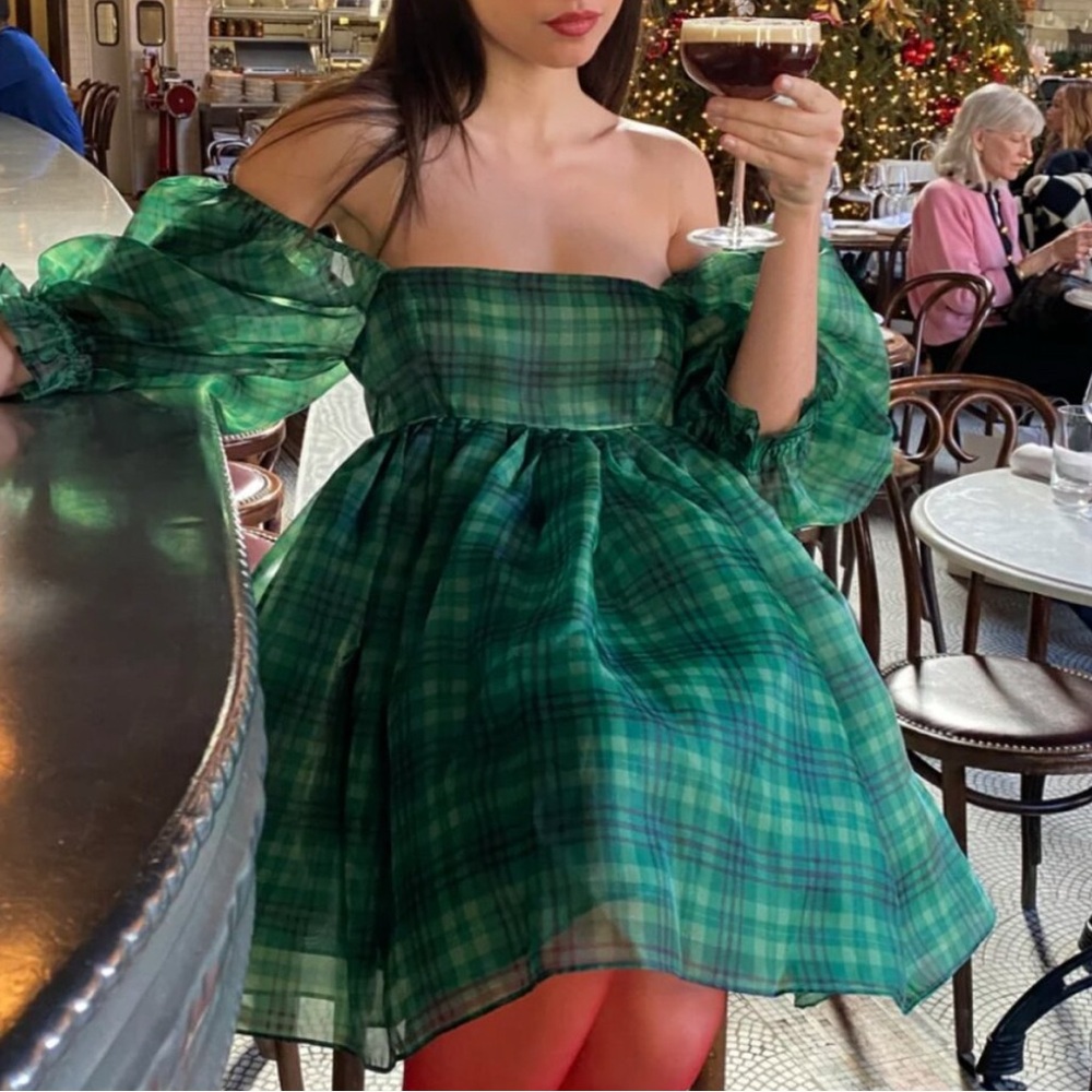 Selkie Green Plaid Off-Shoulder Mini Dress